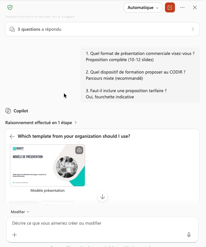 Capture d'écran réelle du Brand Kit Picker dans Copilot en PowerPoint, montrant le modèle proposé après confirmation du kit de marque de l'organisation